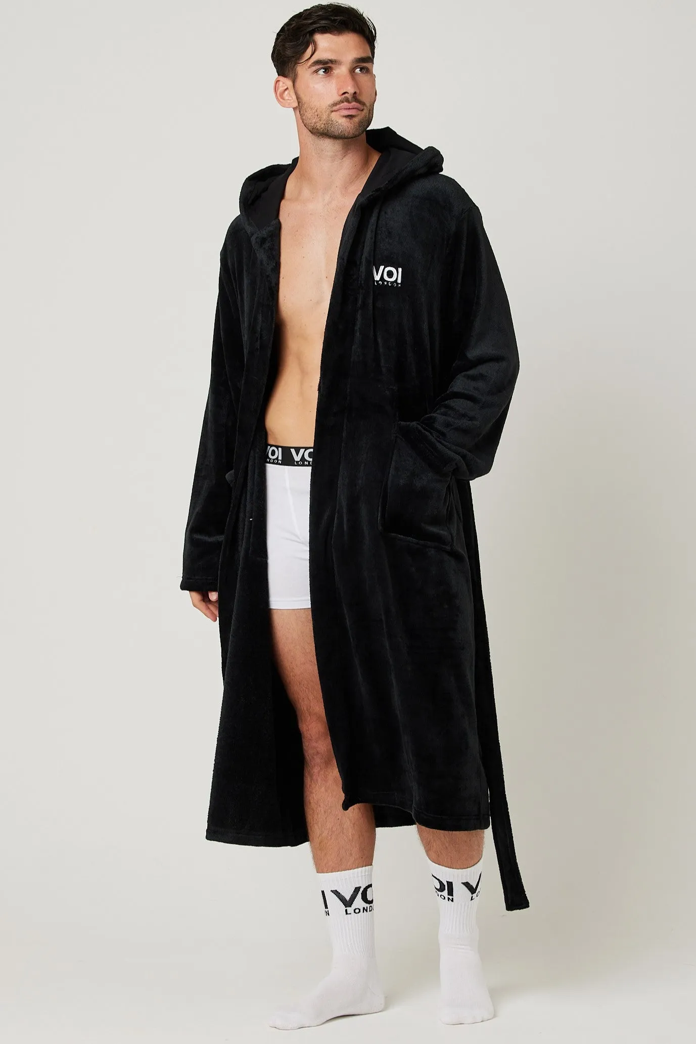 Fleece Dressing Gown & Towel Bundle - Black/Black