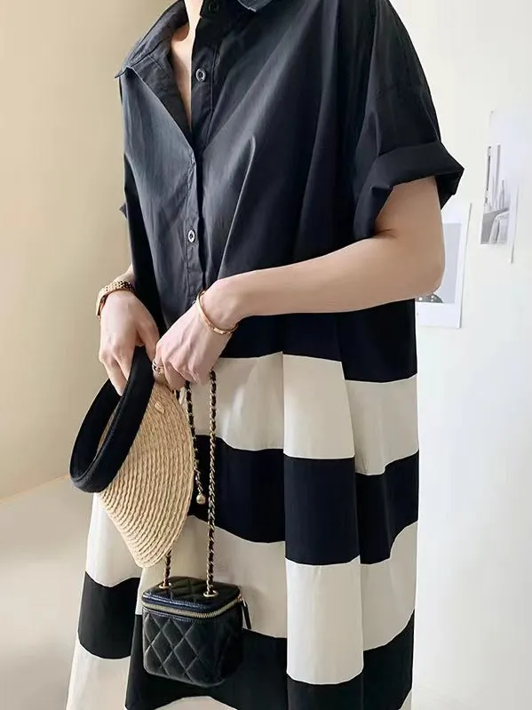 French Loose Black&white Oversize Shirt Dress