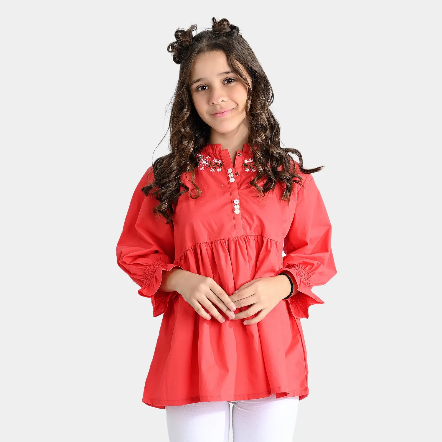 Girls Cotton Poplin Emb Top Poppy-Red