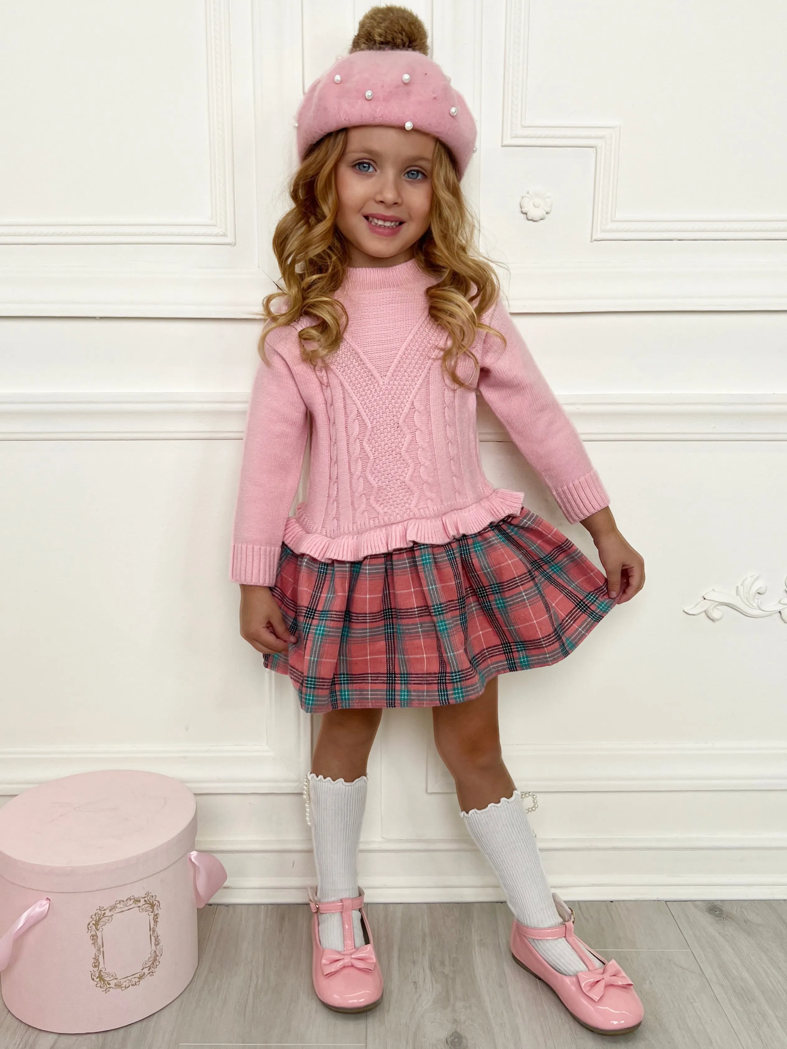 Girls Knit Sweater Dress with Plaid Skirt