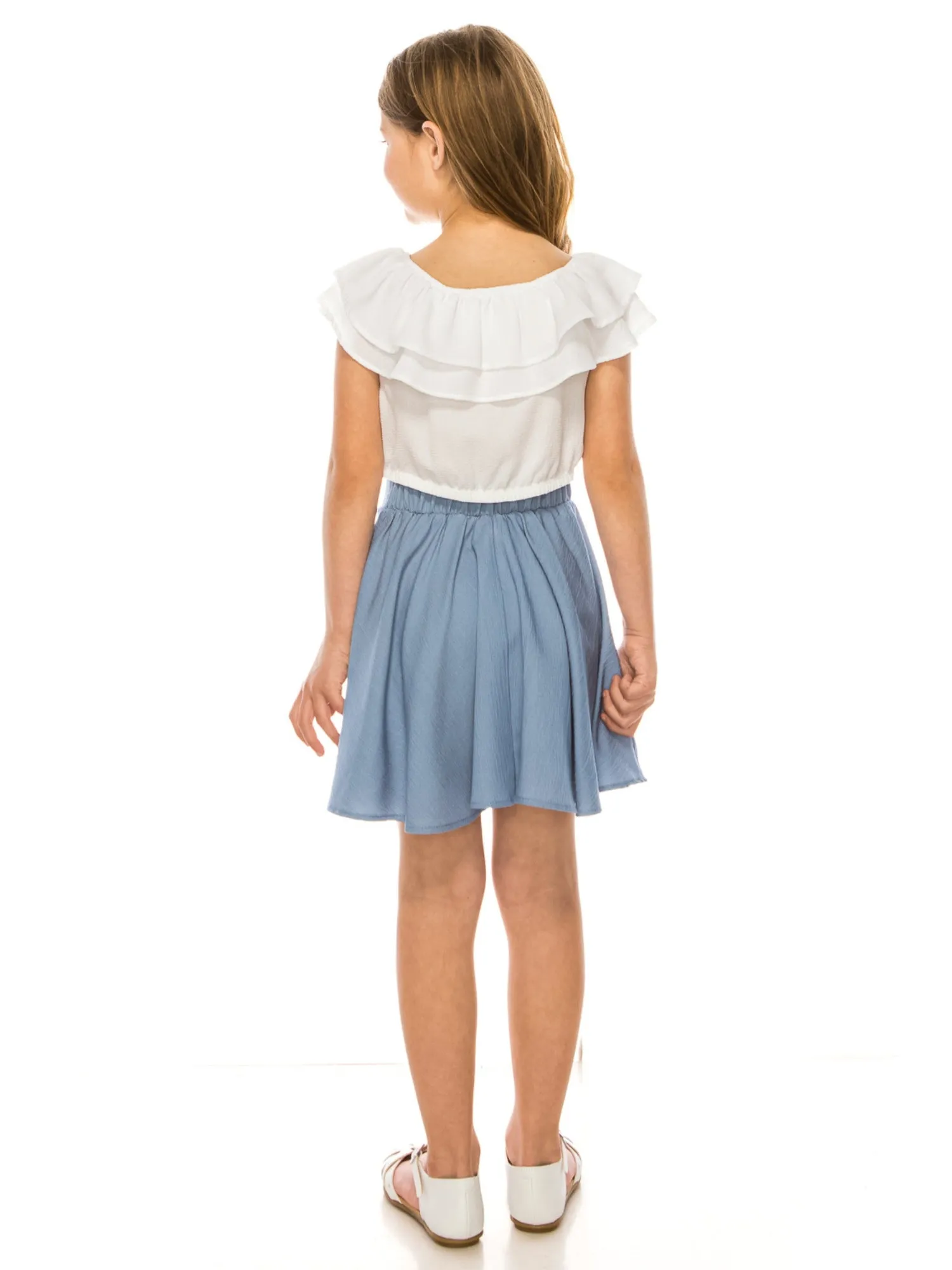 Girls Ruffle Off Shoulder Top Denim Skirt 2 Piece Outfit with Necklace, Sizes 4-14