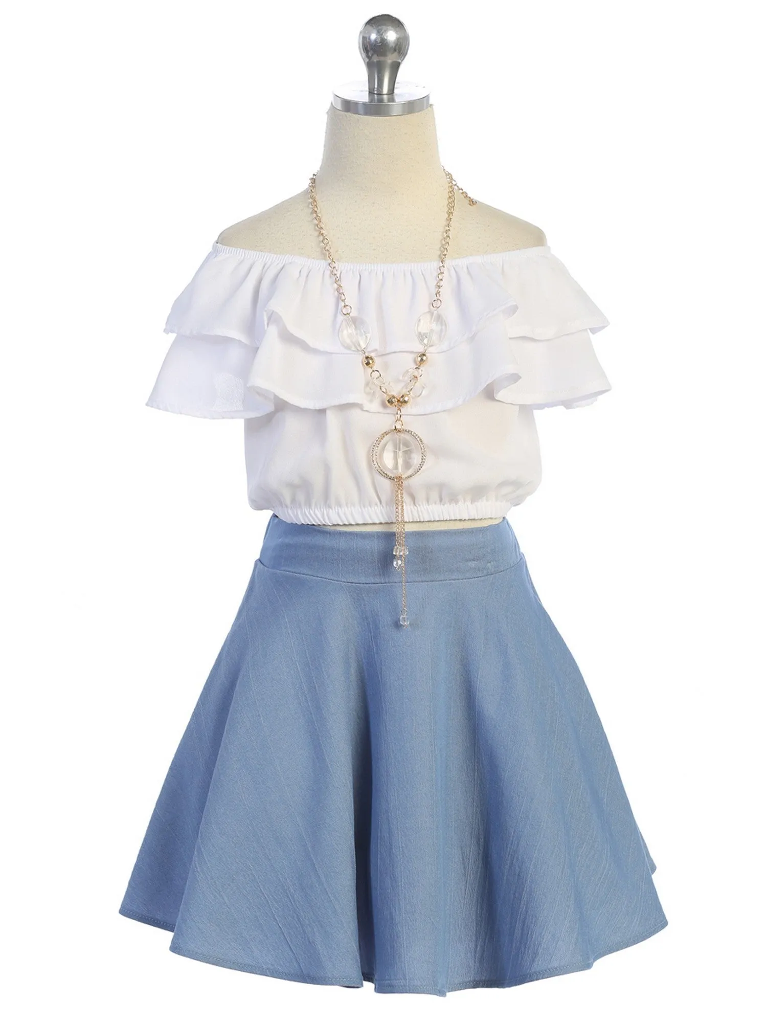 Girls Ruffle Off Shoulder Top Denim Skirt 2 Piece Outfit with Necklace, Sizes 4-14