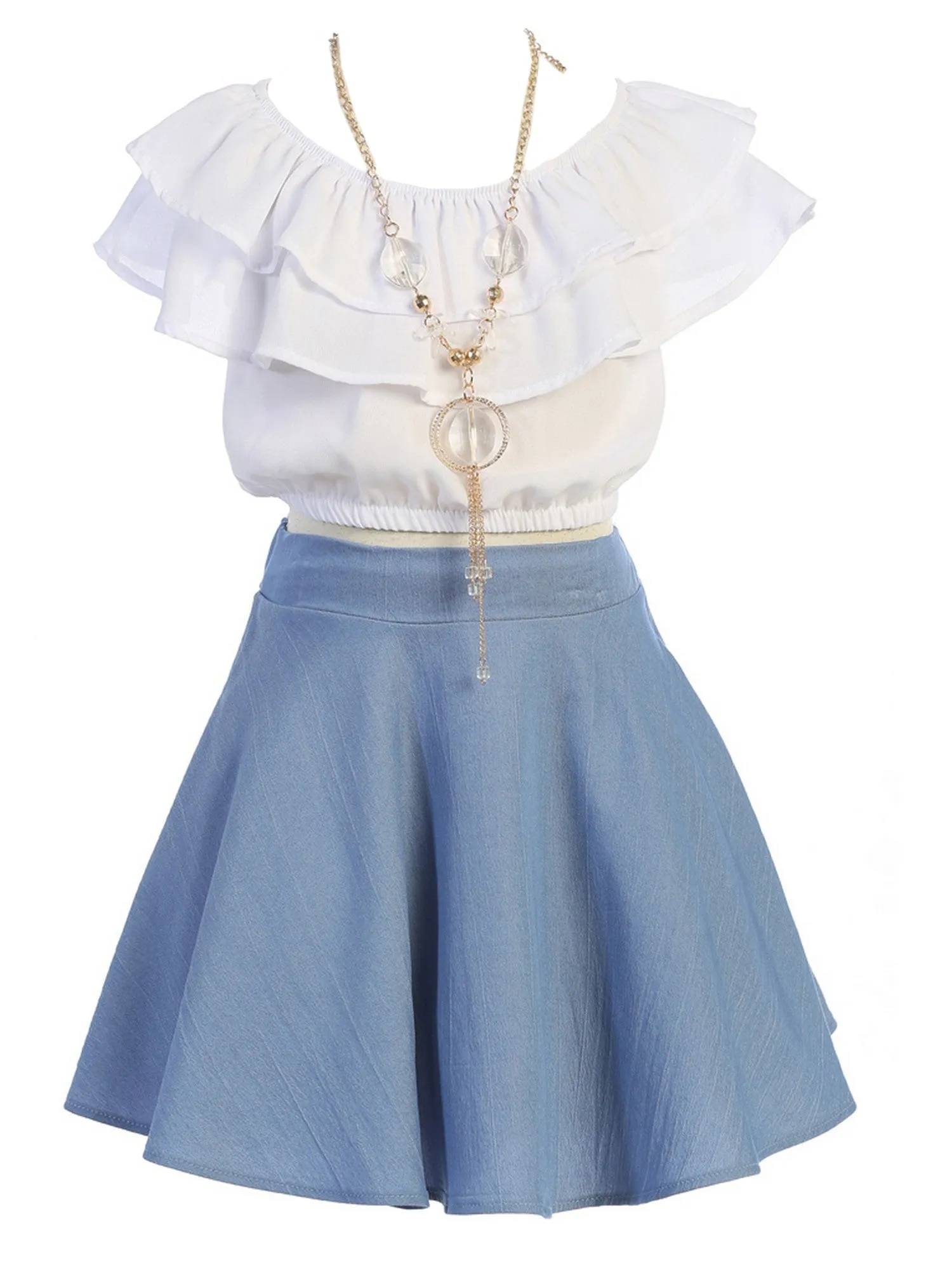 Girls Ruffle Off Shoulder Top Denim Skirt 2 Piece Outfit with Necklace, Sizes 4-14