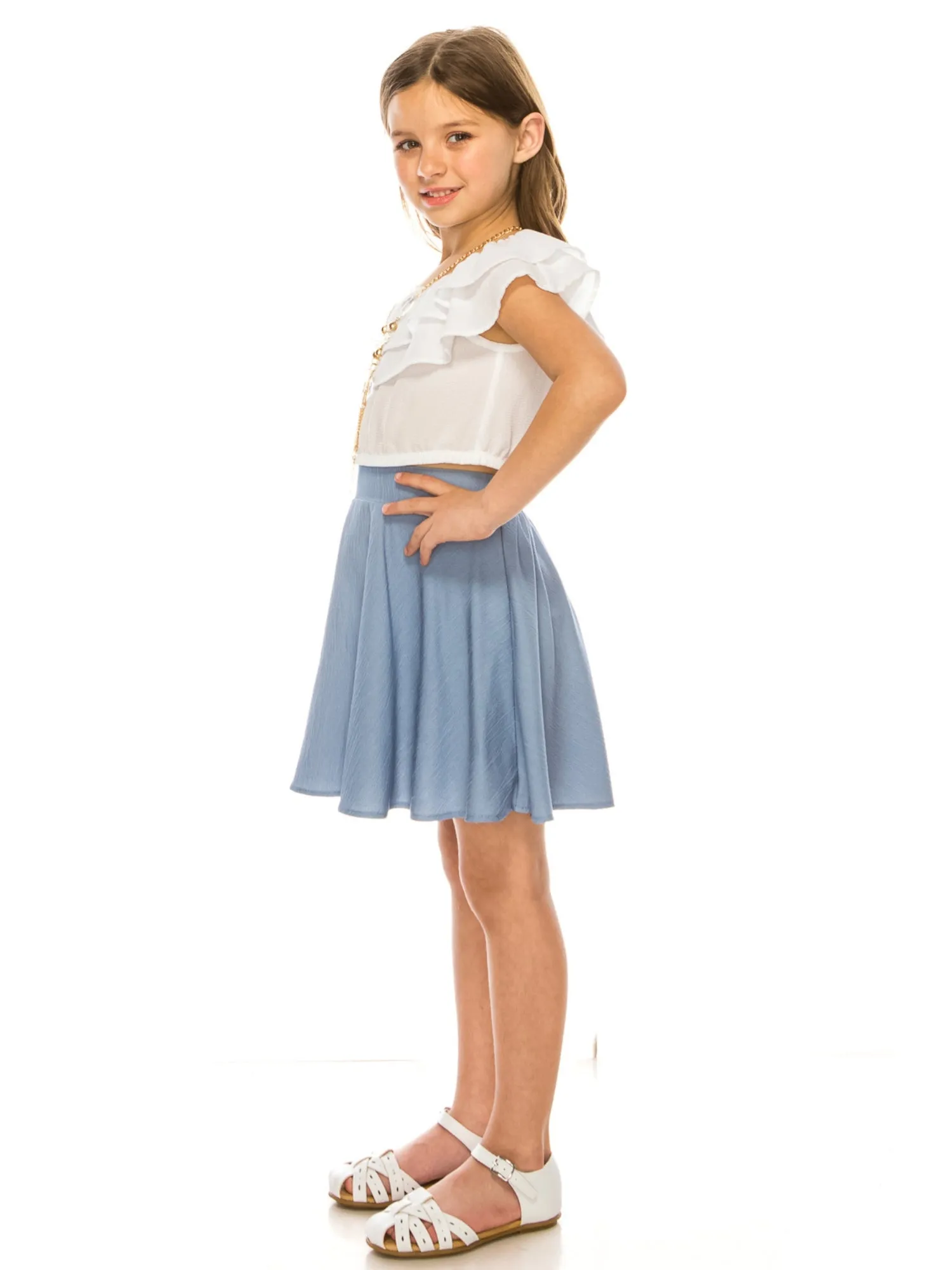 Girls Ruffle Off Shoulder Top Denim Skirt 2 Piece Outfit with Necklace, Sizes 4-14