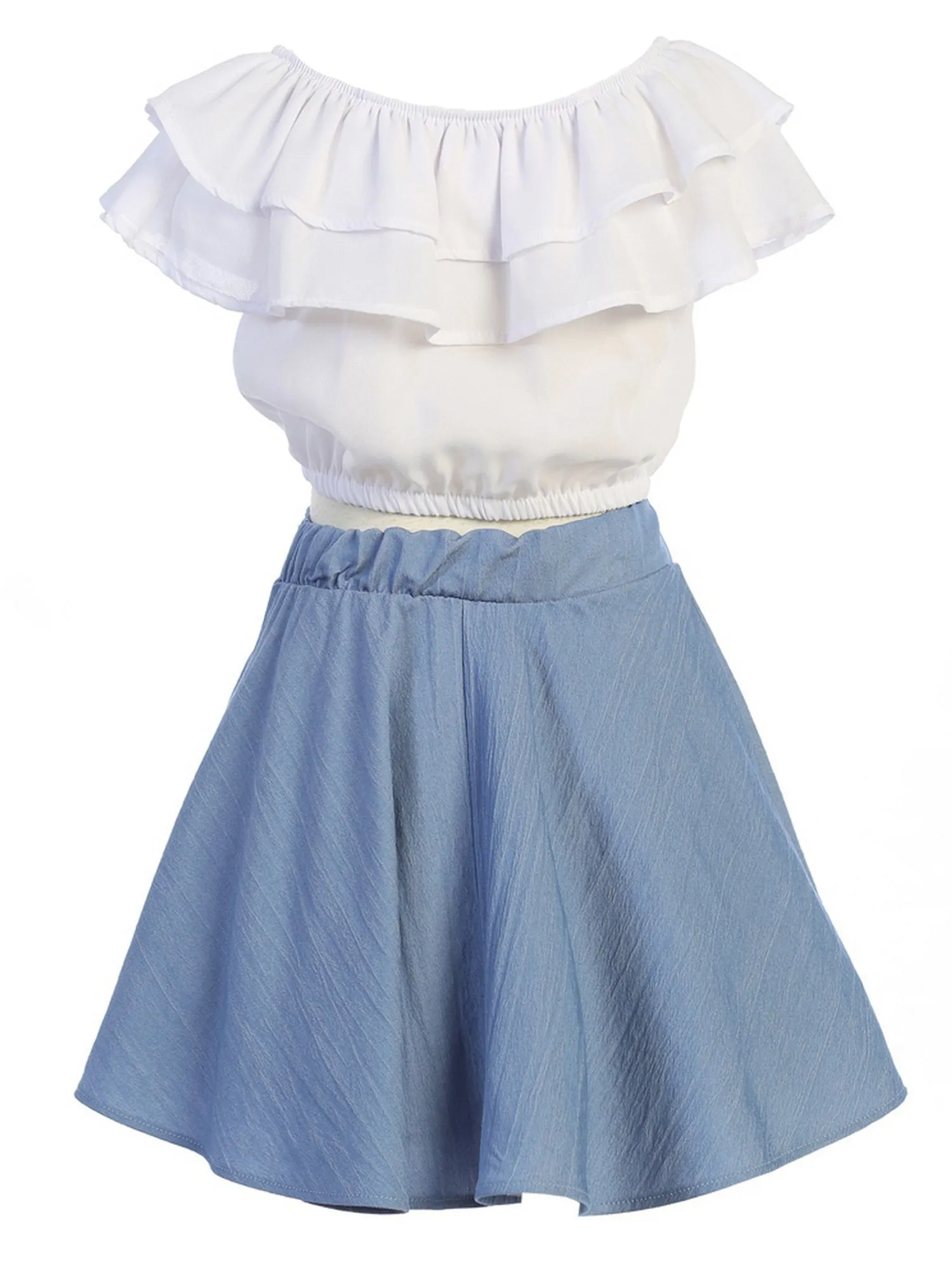 Girls Ruffle Off Shoulder Top Denim Skirt 2 Piece Outfit with Necklace, Sizes 4-14