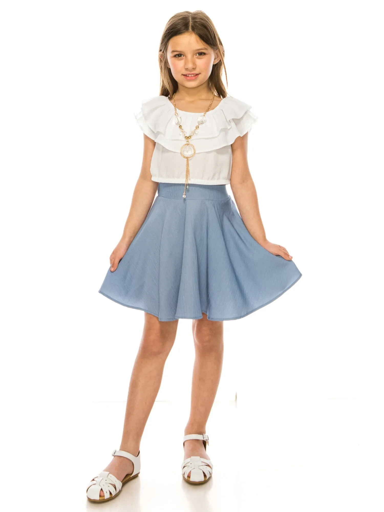 Girls Ruffle Off Shoulder Top Denim Skirt 2 Piece Outfit with Necklace, Sizes 4-14