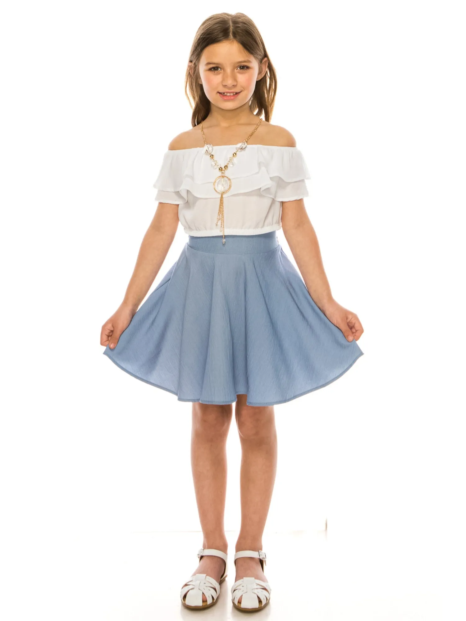 Girls Ruffle Off Shoulder Top Denim Skirt 2 Piece Outfit with Necklace, Sizes 4-14