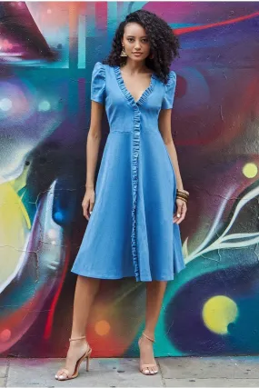 Goddiva Denim Front Frill Flared Midi Dress - Blue Denim