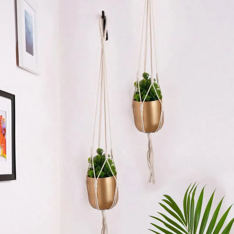 Golden Metal Planter Pot With Macrame Plant Hangers | Pack Of 4 | Plant Not Included