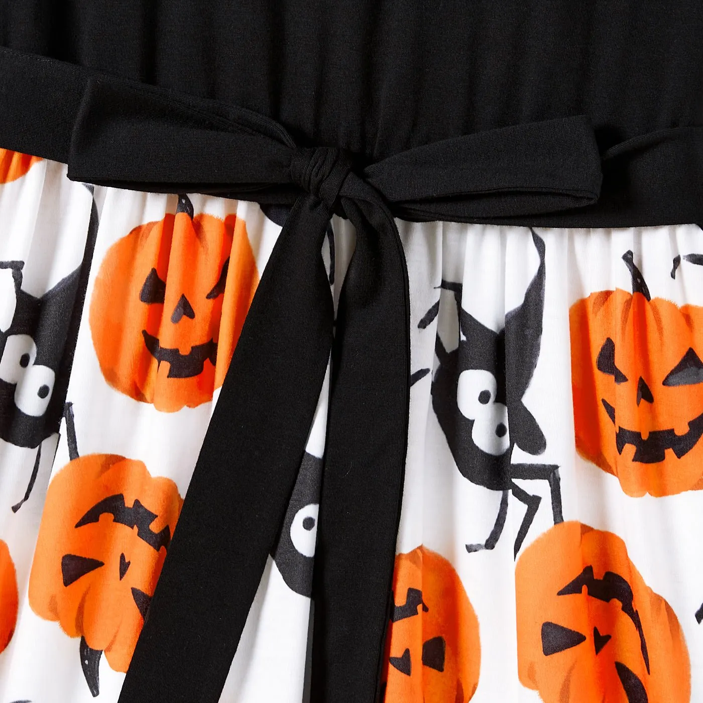 Halloween Family Matching Pumpkin Print Dresses and Short Sleeve Colorblock Tops Sets