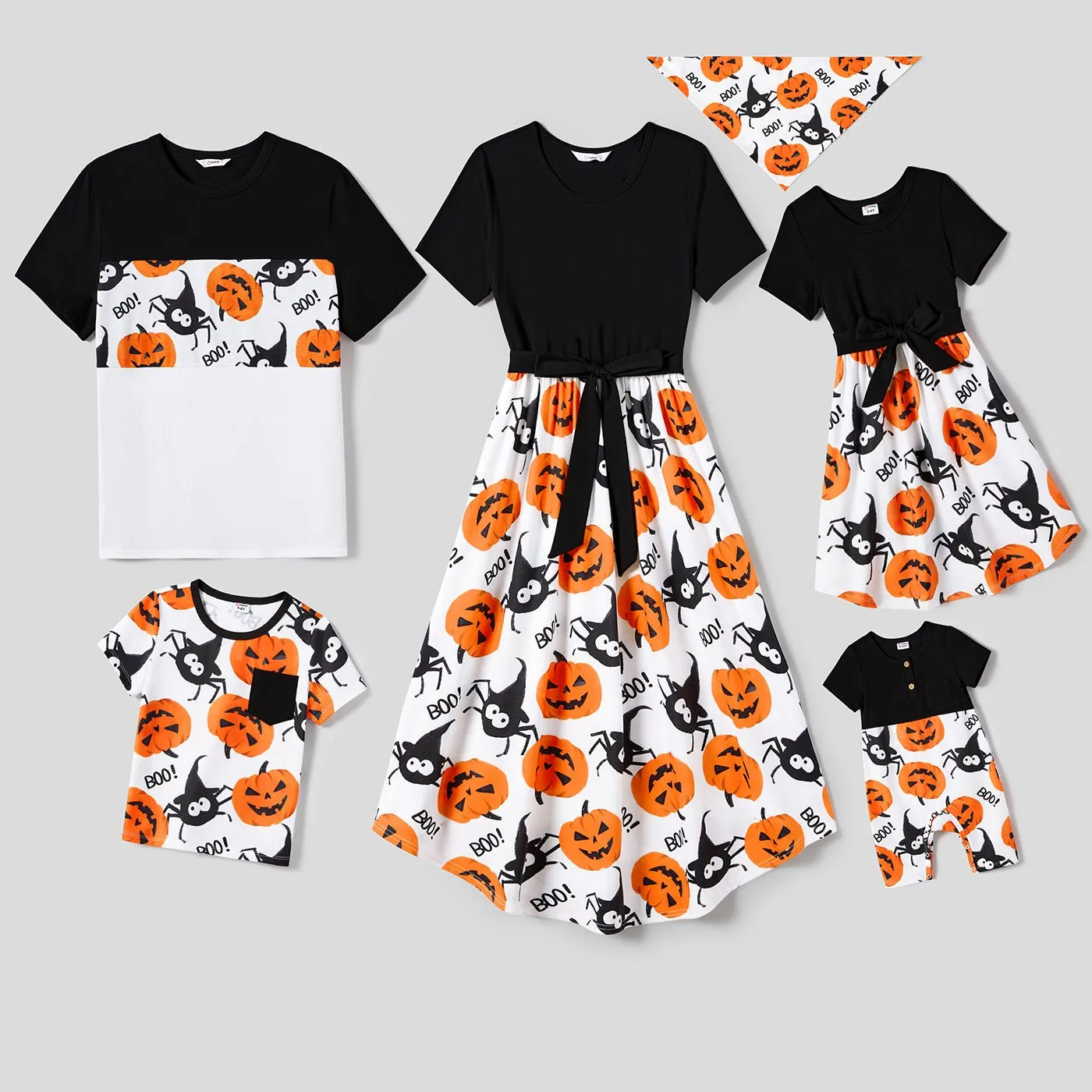 Halloween Family Matching Pumpkin Print Dresses and Short Sleeve Colorblock Tops Sets