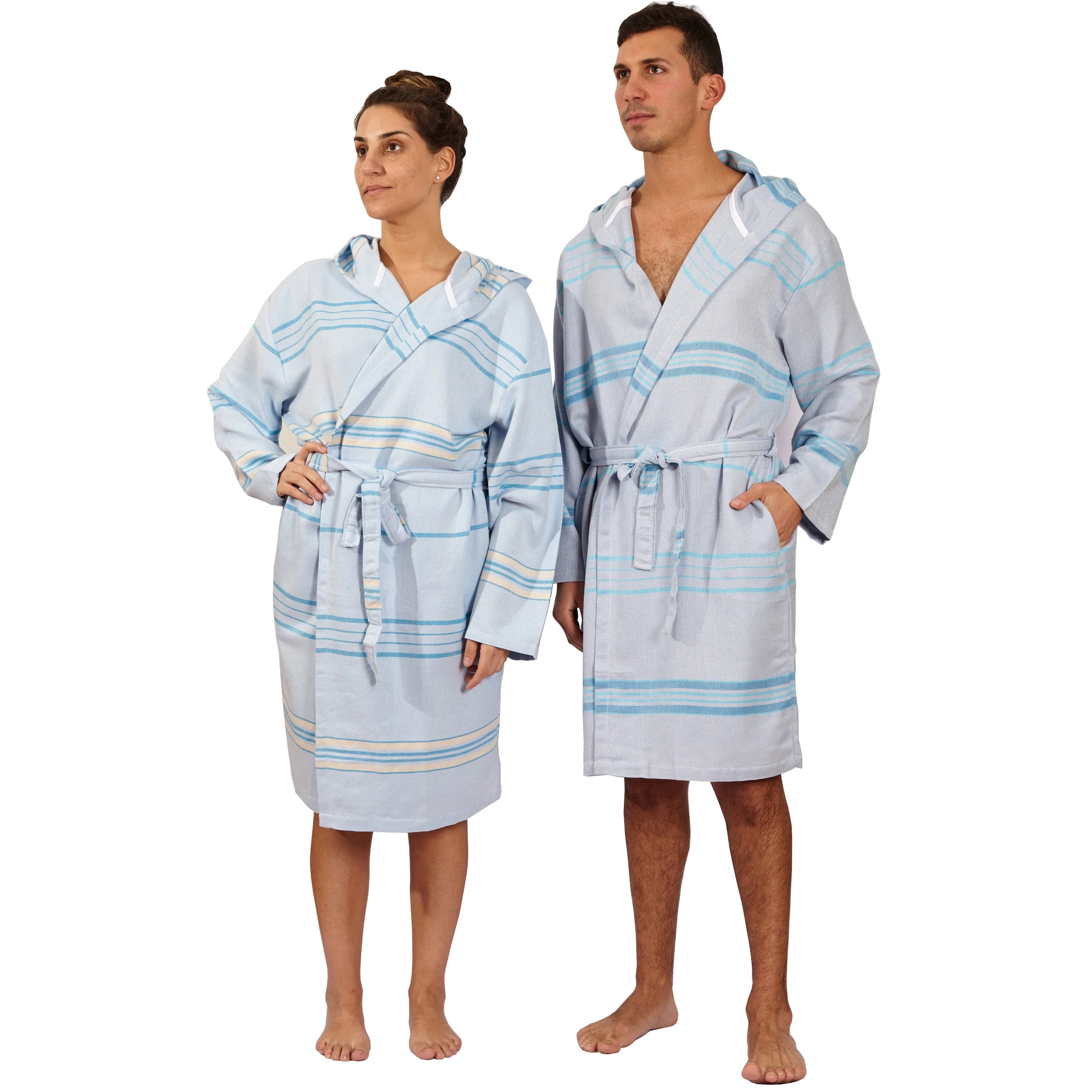 Hilana Upcycled Eco-Friendly Cotton Turkish Bathrobe - Beige Blue