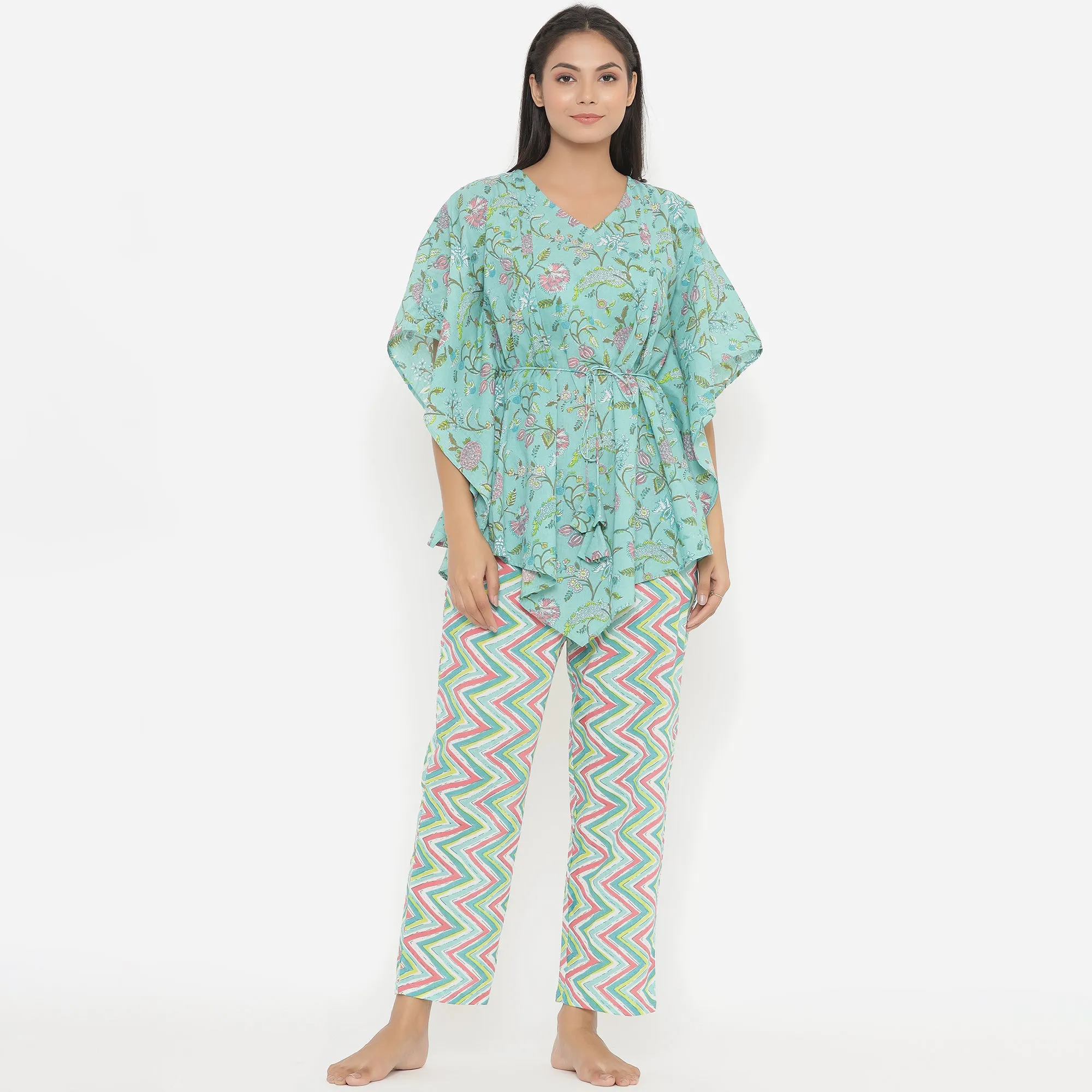 Jaal On Blue Kaftan Pyjama