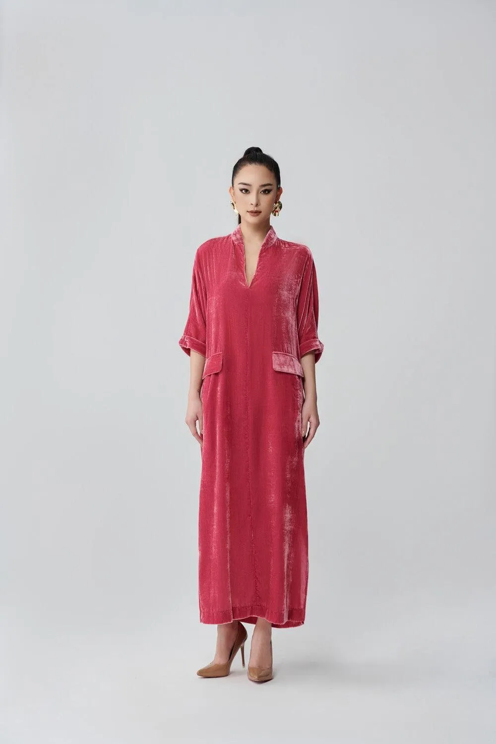 Kalla Shift V-Neck Velvet Midi Dress