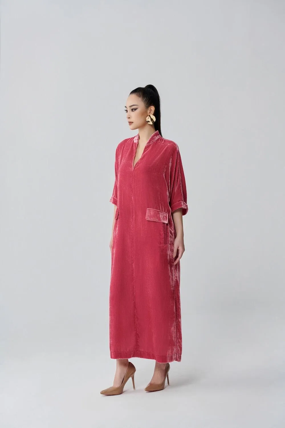 Kalla Shift V-Neck Velvet Midi Dress