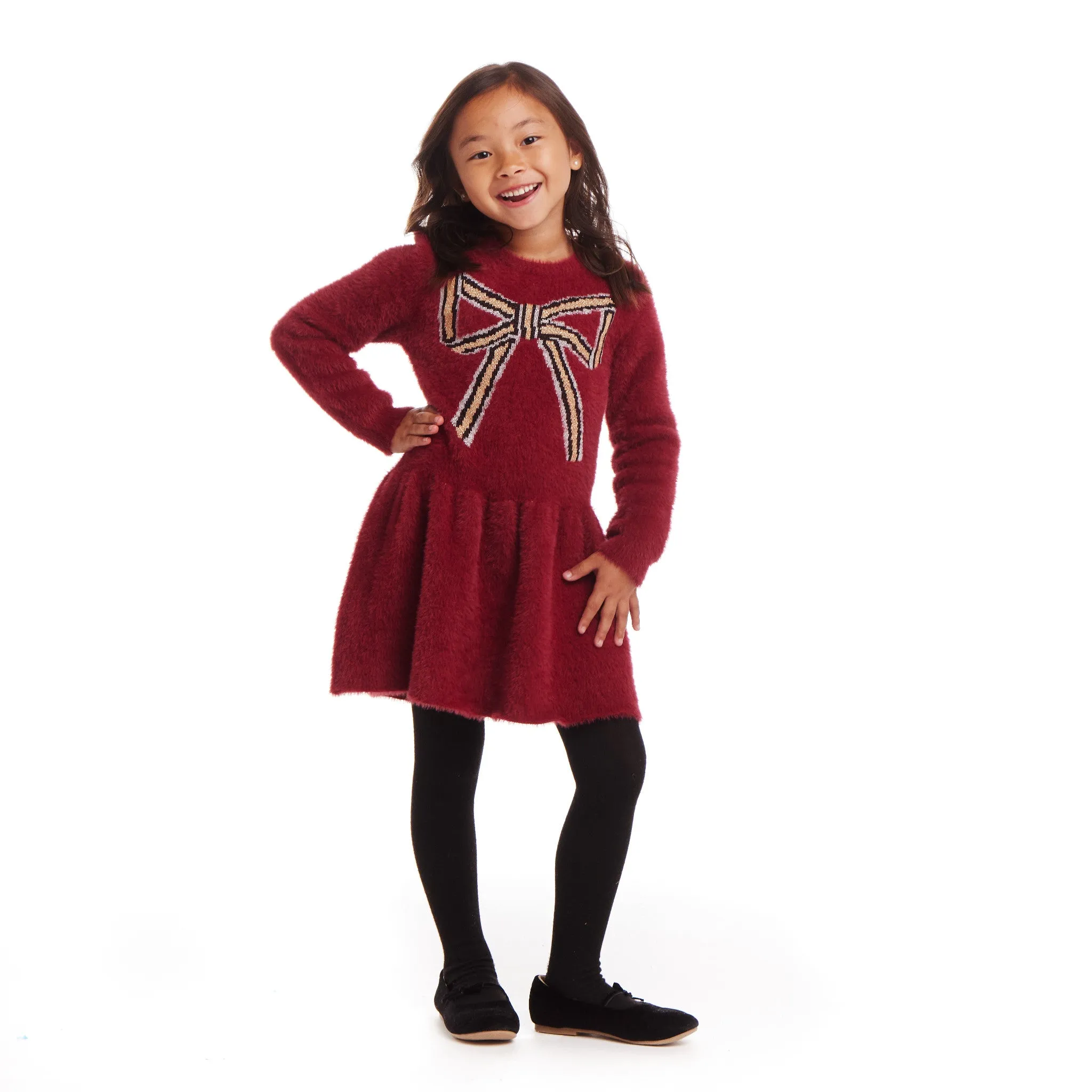 Kids Eyelash Sweater Dress | Red Bow