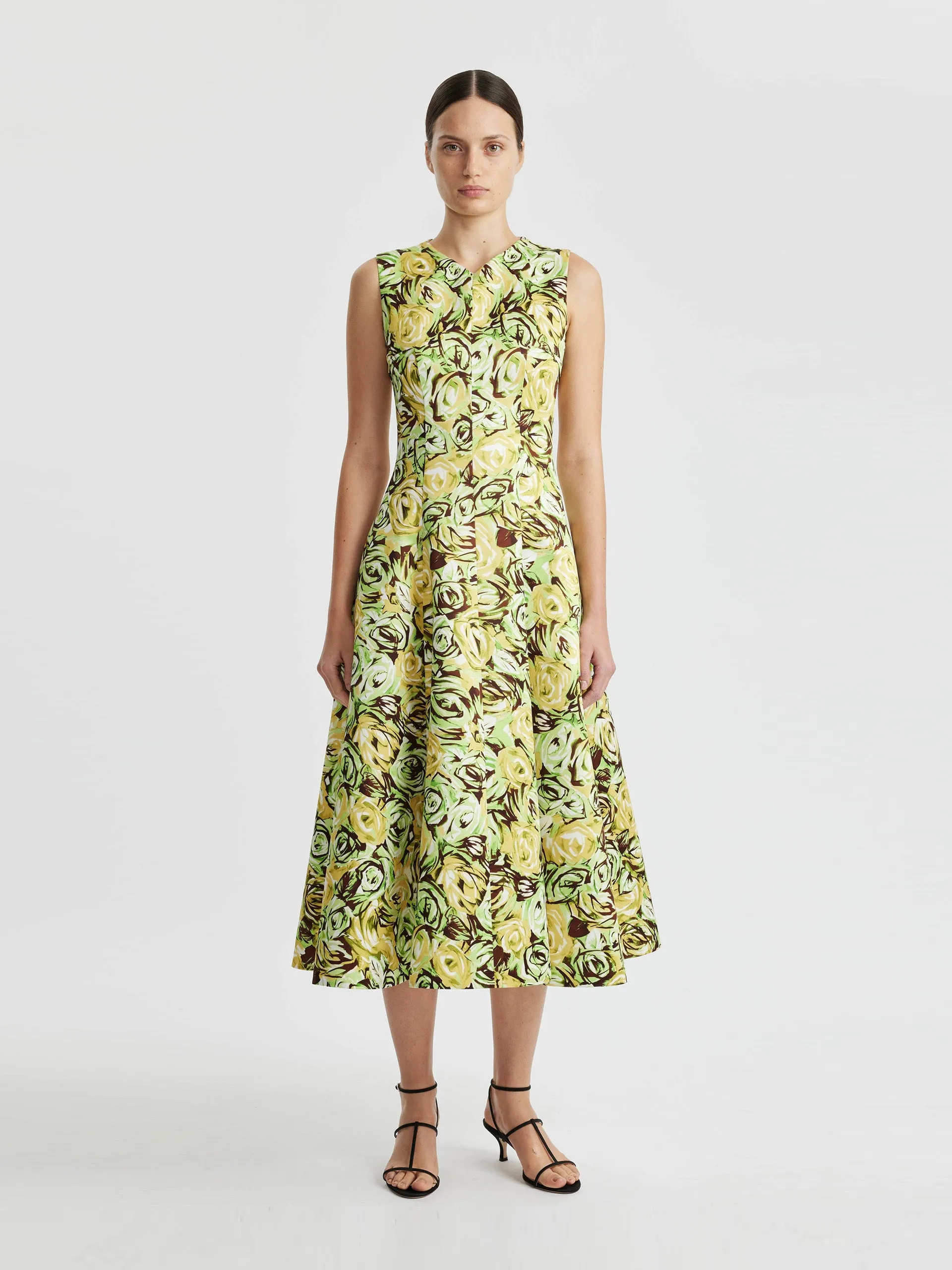 Madi dress in abstract green and lemon rose printed twill