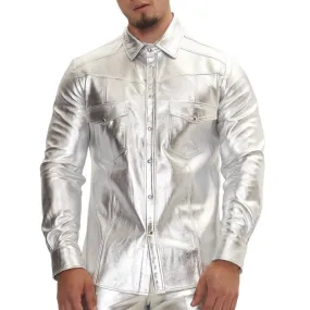 Men's Trendy Lapel Shiny Leather Long-sleeved Shirt 49993368F