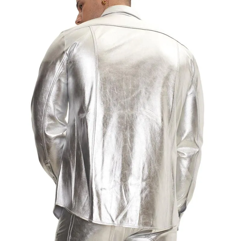 Men's Trendy Lapel Shiny Leather Long-sleeved Shirt 49993368F