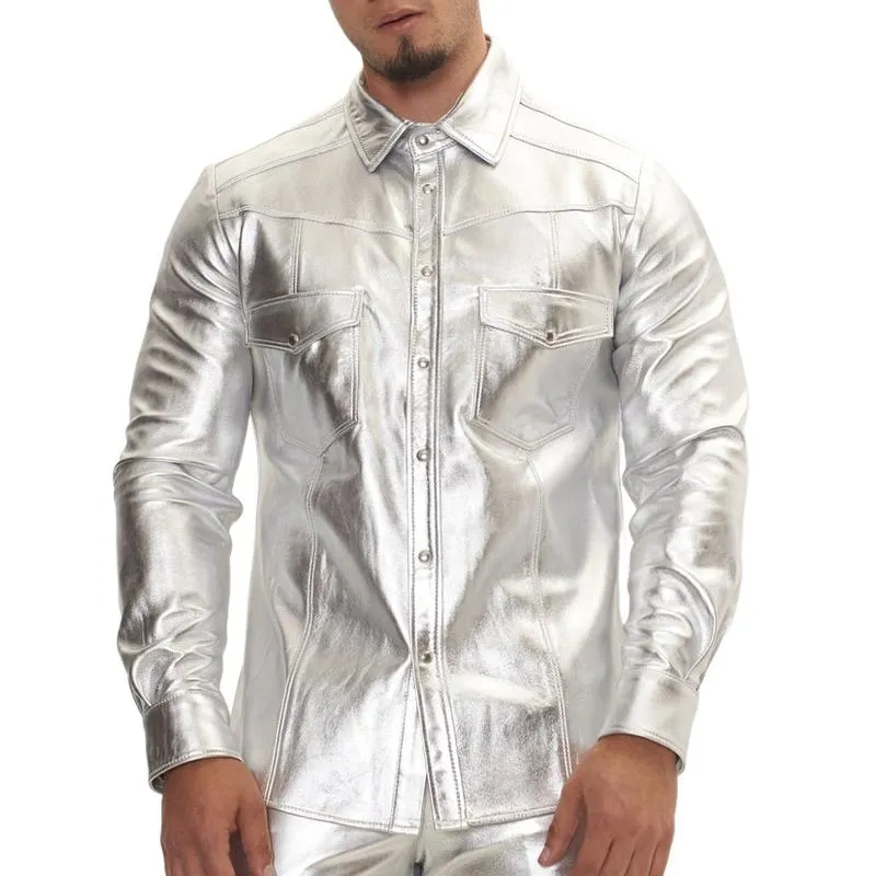 Men's Trendy Lapel Shiny Leather Long-sleeved Shirt 49993368F