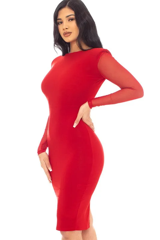 MESH SLEEVE SIMPLE MIDI DRESS