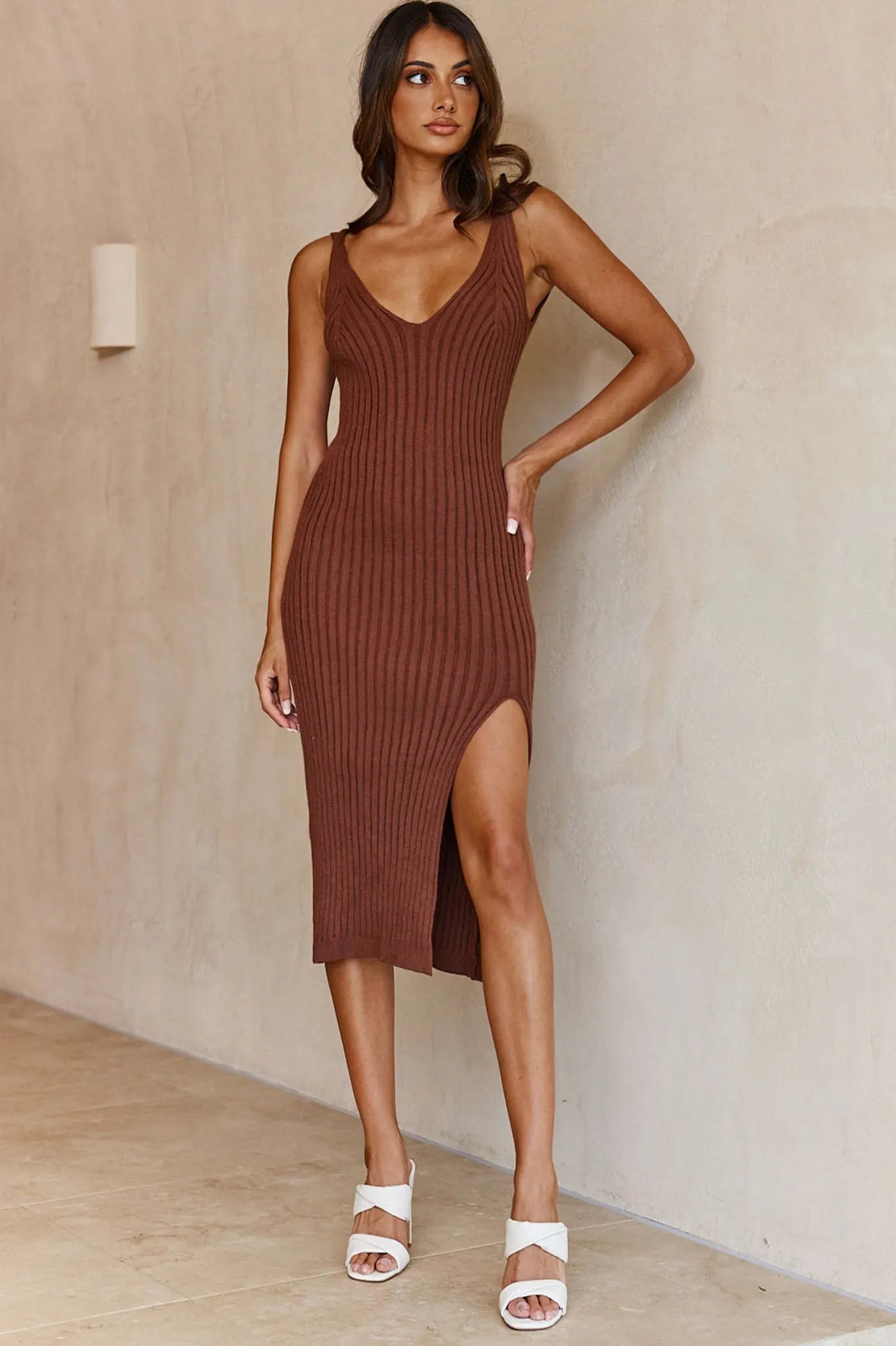 Mi Amore V-Neckline Front Split Ribbed Knit Midi Dress Chocolate