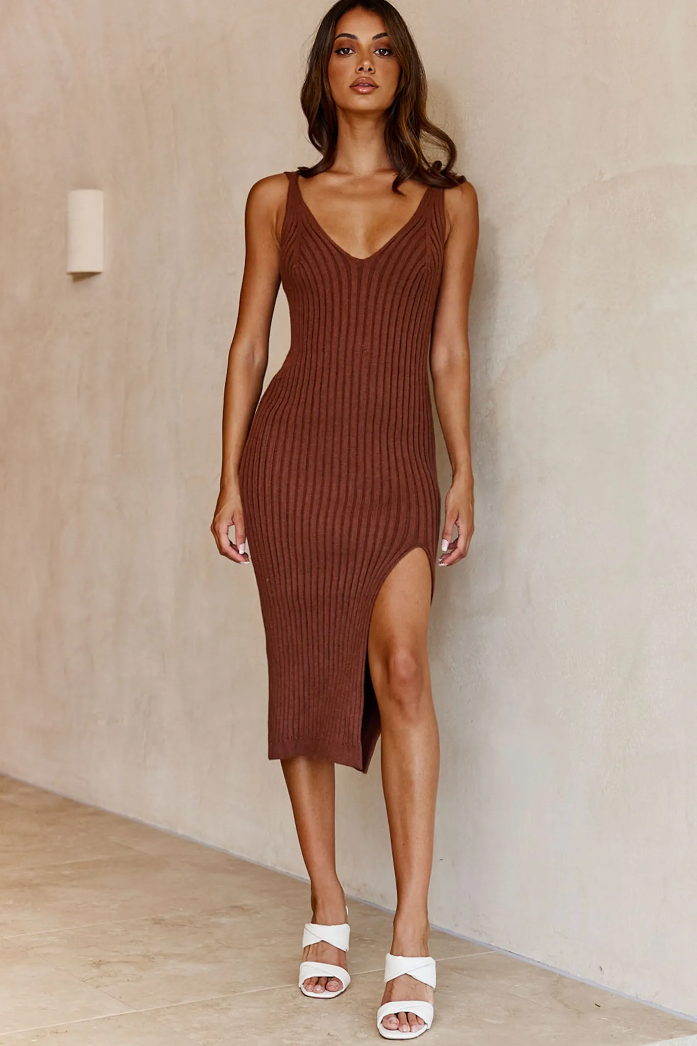 Mi Amore V-Neckline Front Split Ribbed Knit Midi Dress Chocolate