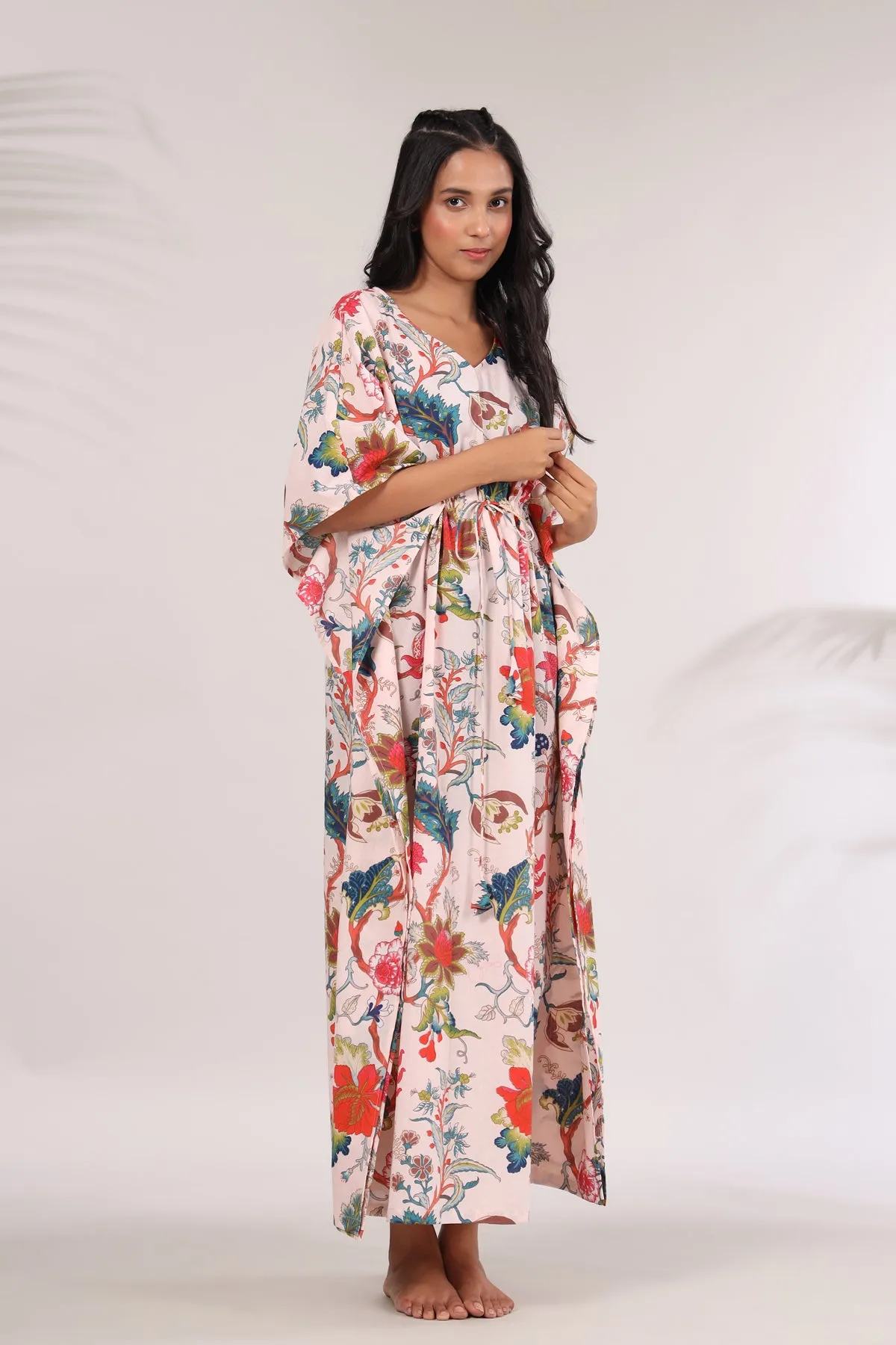 Multicoloured Jaal on Baby Pink Kaftan