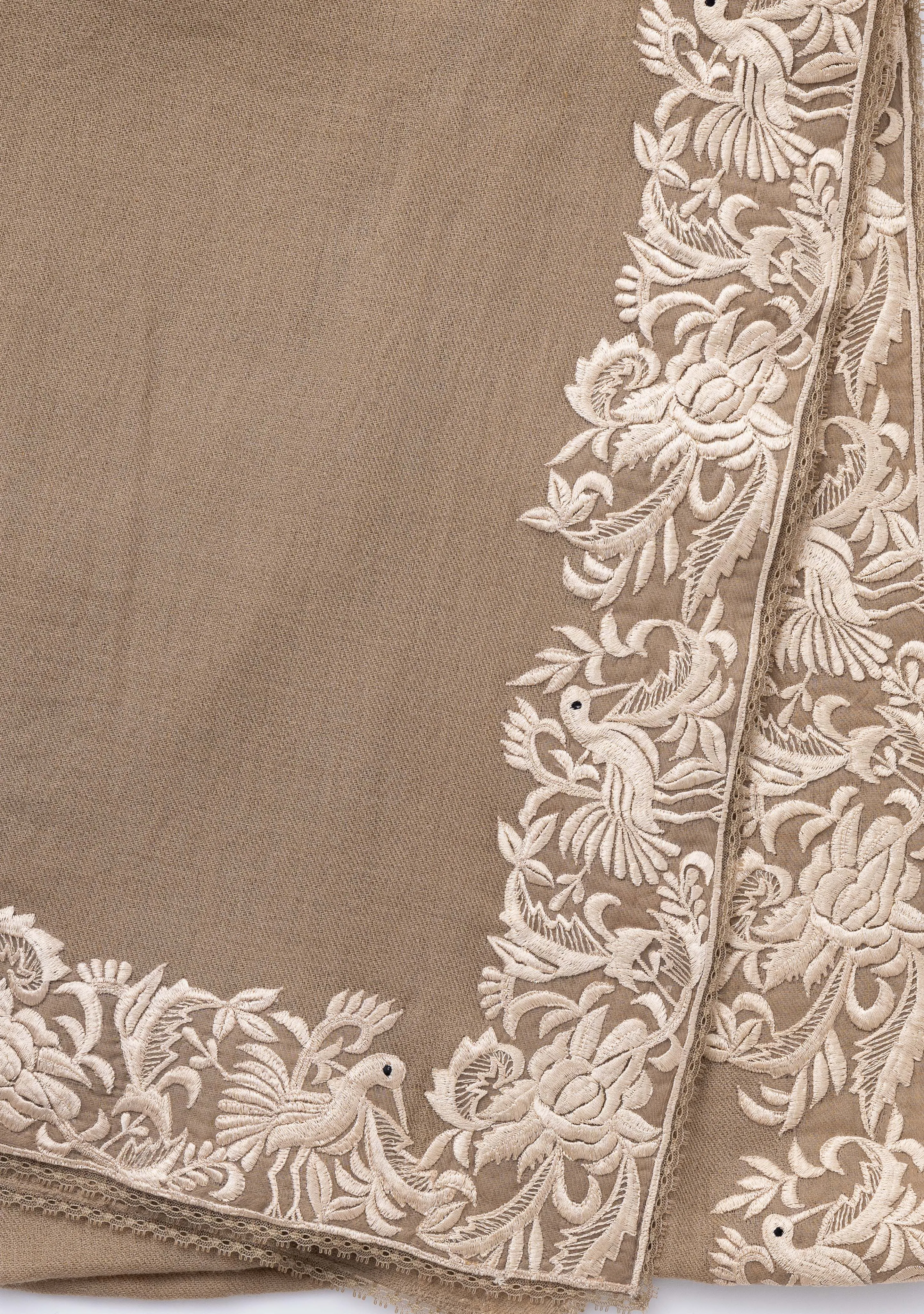 Natural Cashmere Scarf with a Beige Border Embroidery and Natural Lace Edging