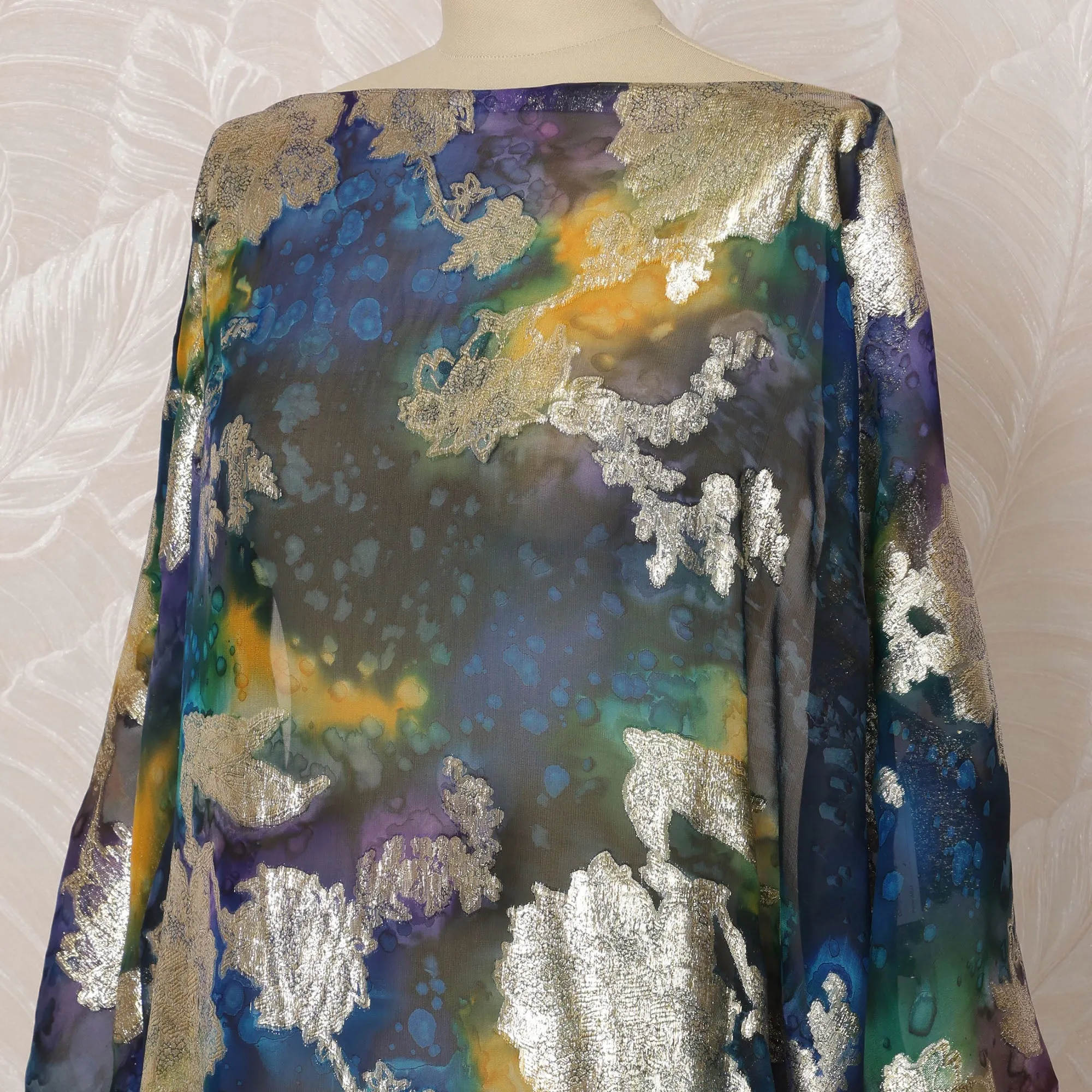 Navy Blue and Silver Floral Silk Chiffon Dirac Fabric with Metallic Lurex, 3.5 Meters, 140 cm Width-D20806