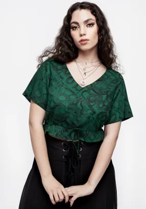 Ophidia Snake Print Tie Detail Crop Top - Green