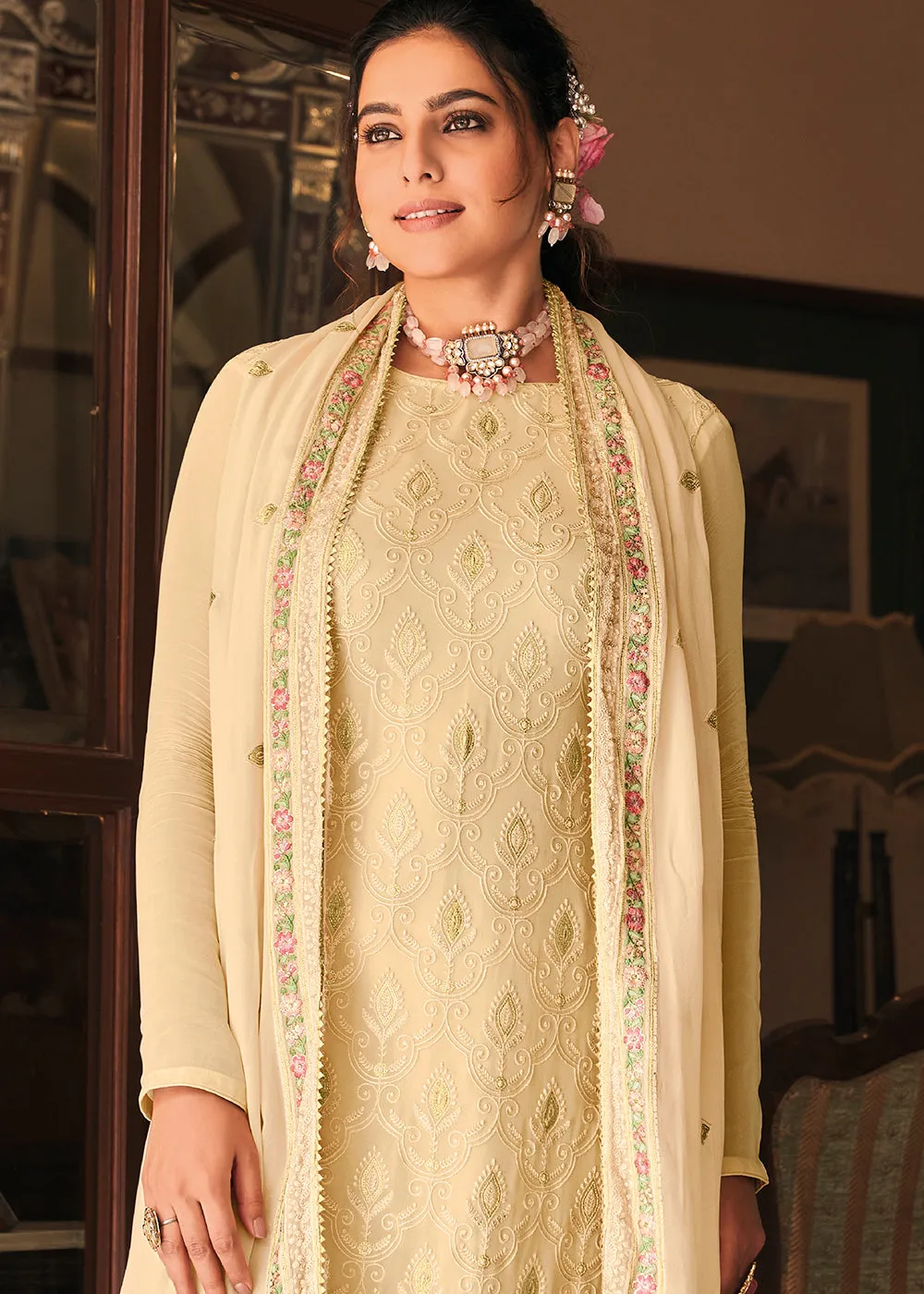 Pakistani Style Graceful Cream Function Wear Salwar Suit