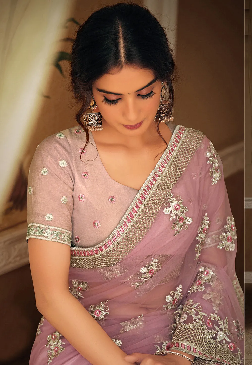 Pink Embroidered Saree