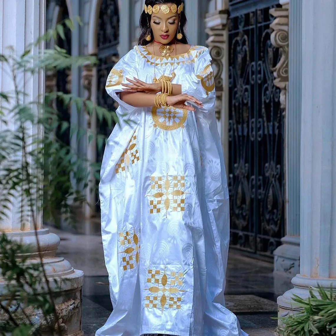 Plus Size Nigerian Dashiki Long Robe - Gold Embroidered Bazin Dress for Parties and Weddings