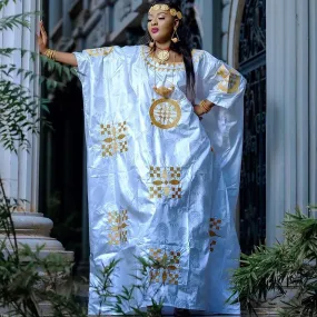 Plus Size Nigerian Dashiki Long Robe - Gold Embroidered Bazin Dress for Parties and Weddings