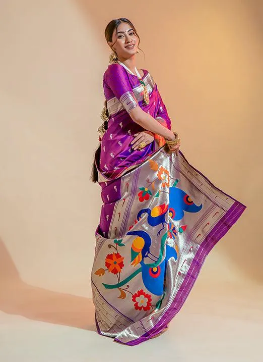 Purple Zari Weaving Pure Paithani Silk Saree