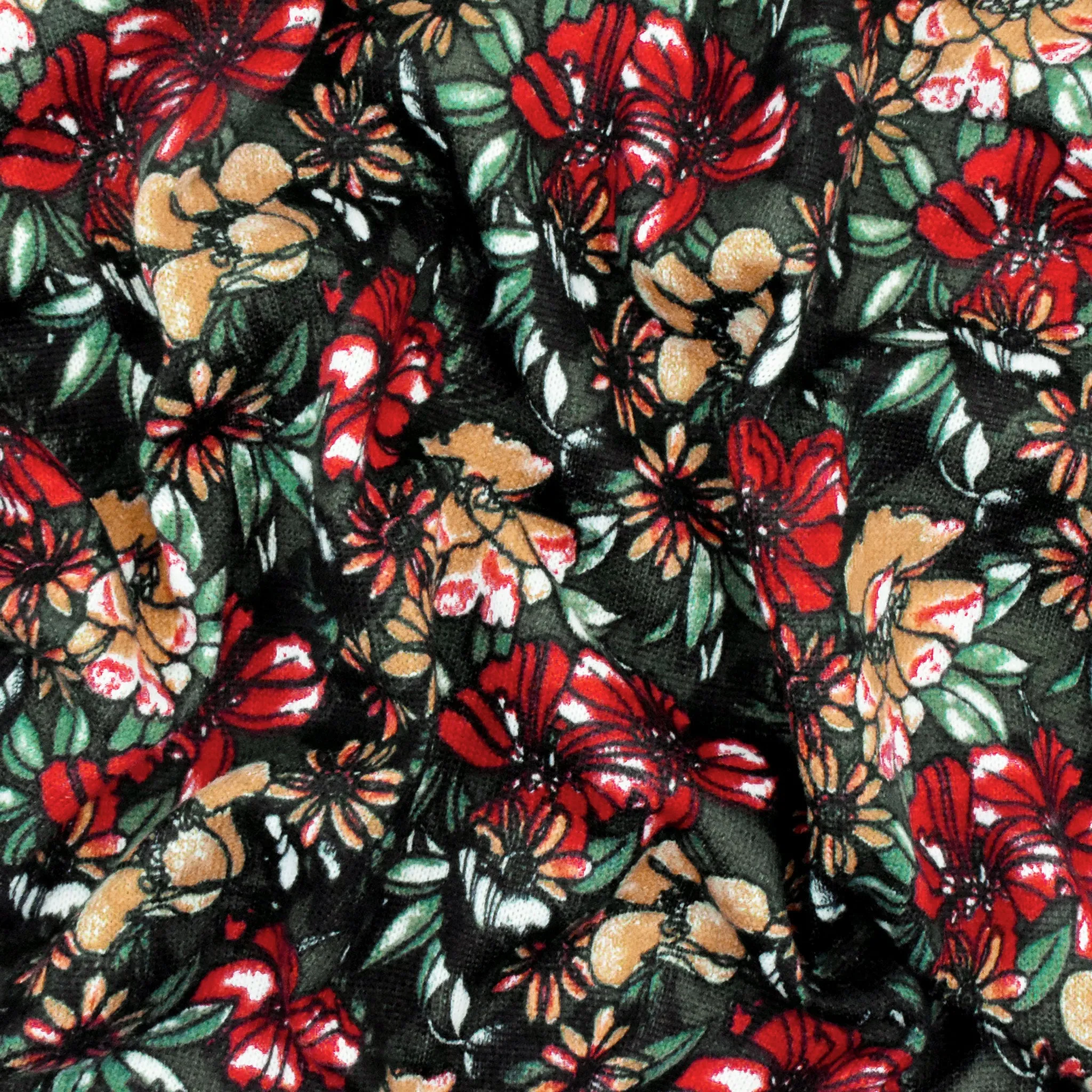 Red-Deep Green-Multi Floral Printed Textured Jersey Knit Fabric