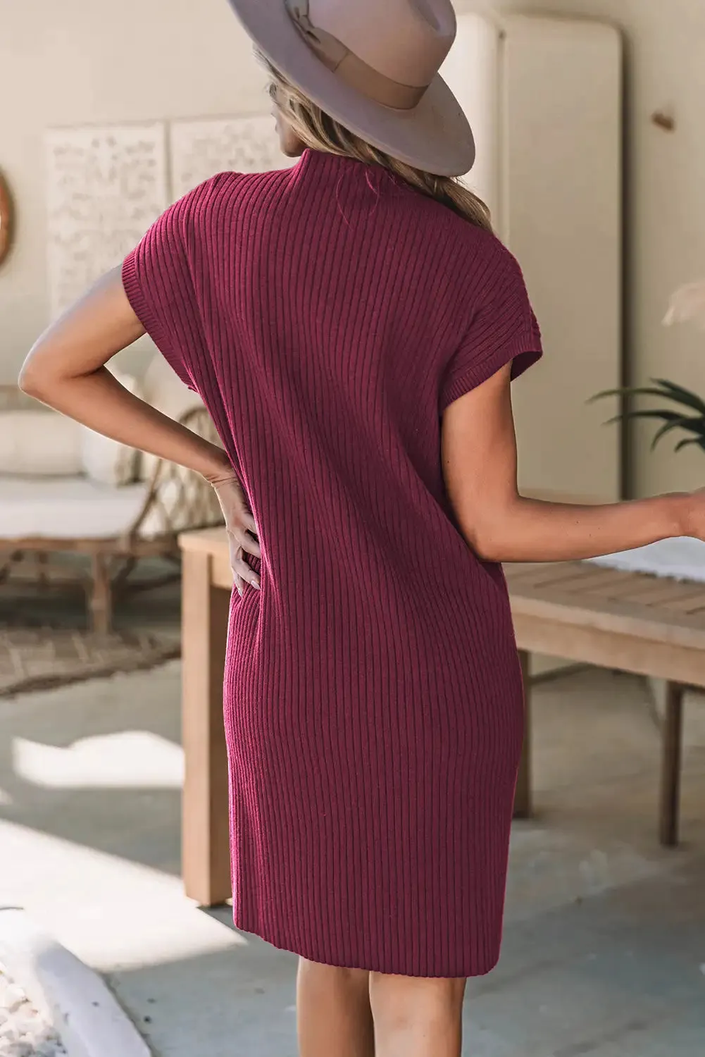 Red Ribbed Knit Short Sleeve Sweater Dress