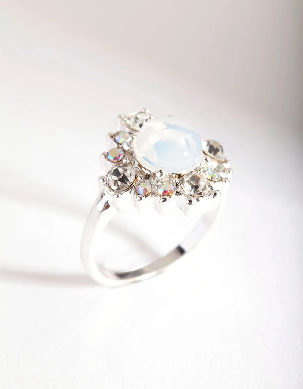 Rhodium Synthetic Opal Diamante Ring