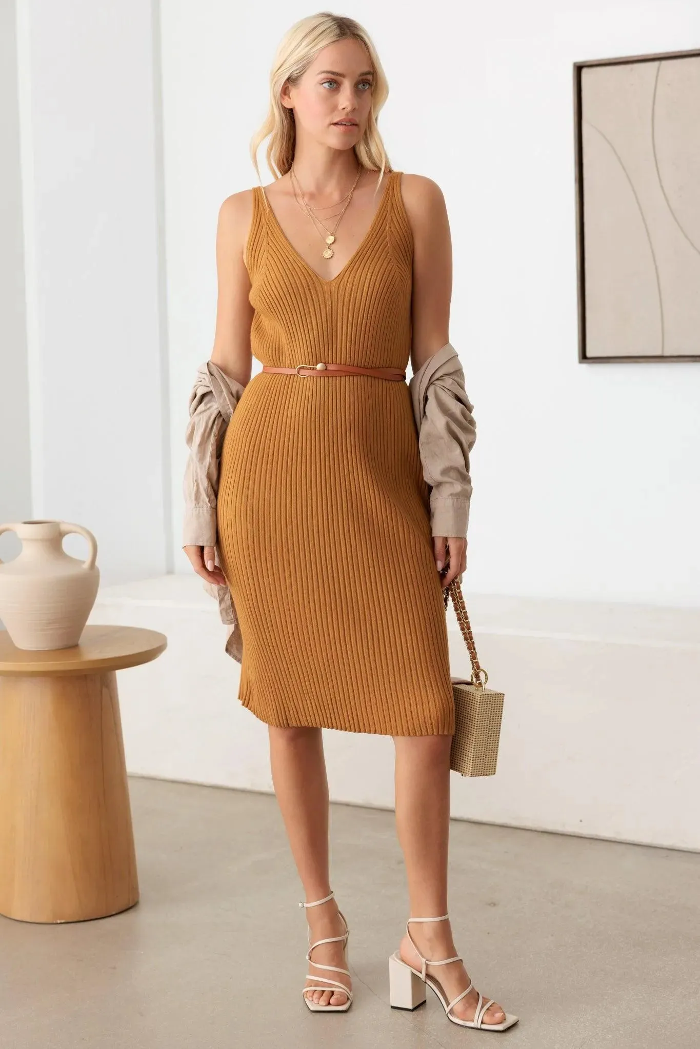 Ribbed Strappy Slim Knit Midi Dress