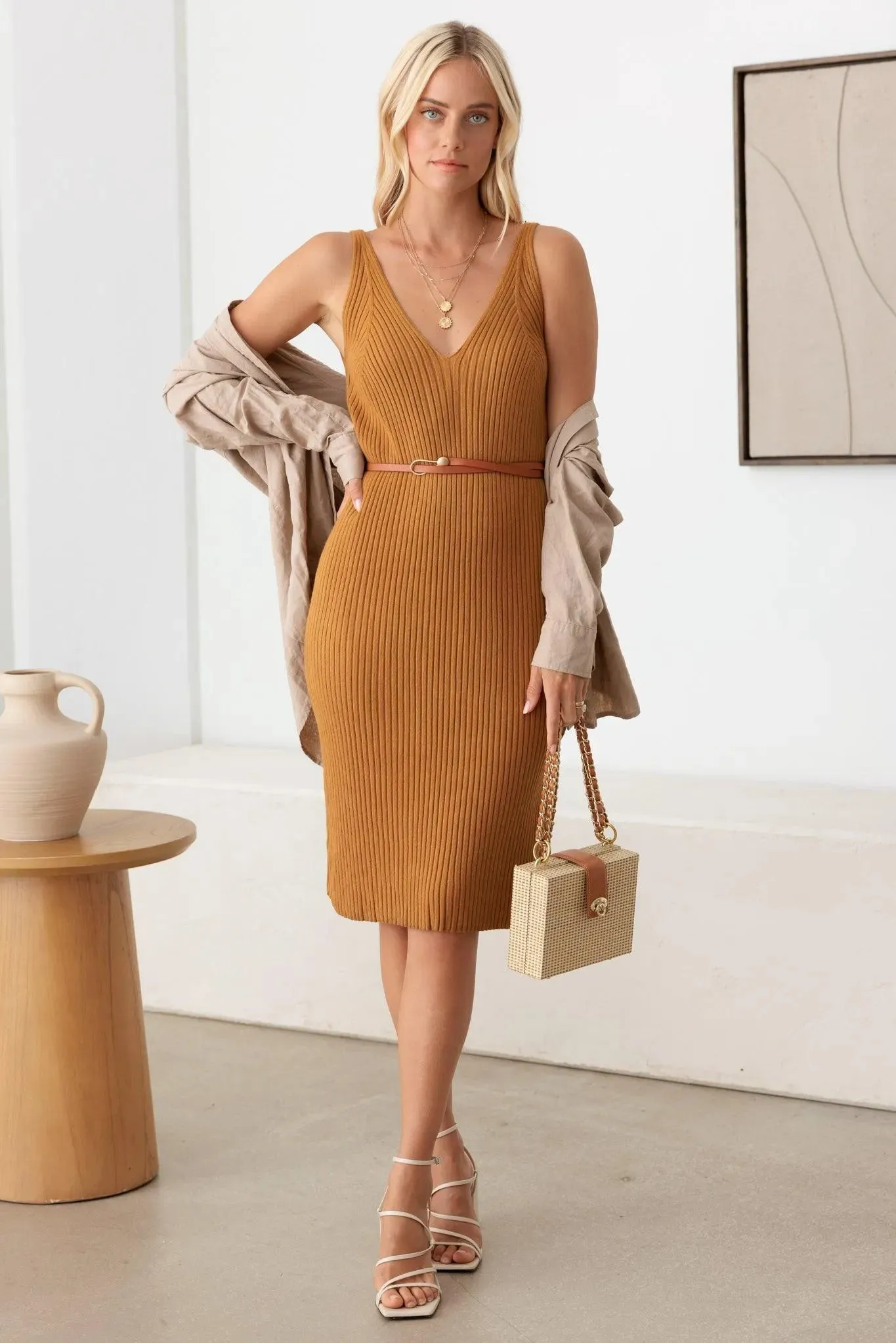 Ribbed Strappy Slim Knit Midi Dress