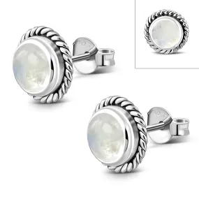 Round Rainbow Moonstone Stud Silver Earrings