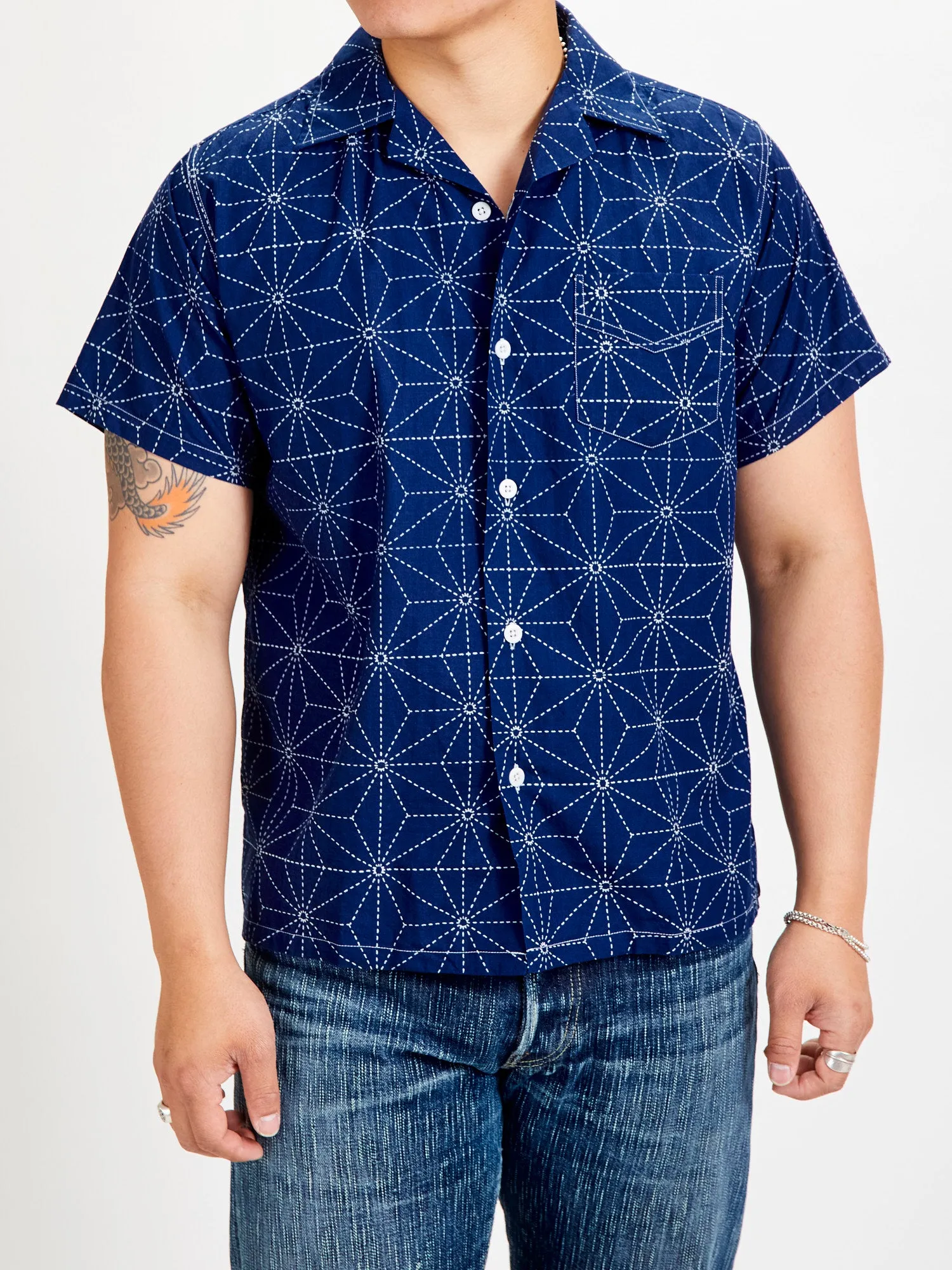 Sashiko Print Hawaiian Shirt in Indigo