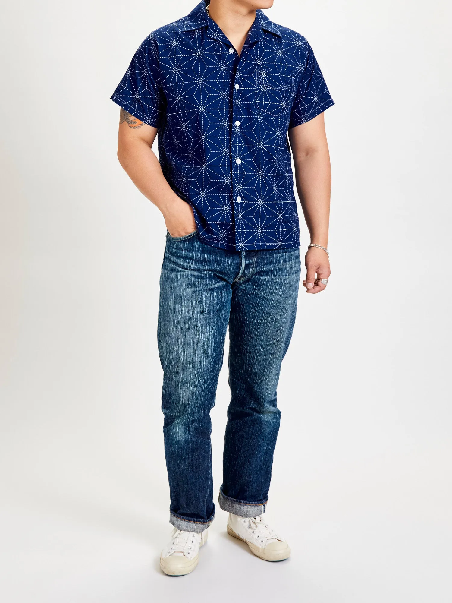 Sashiko Print Hawaiian Shirt in Indigo