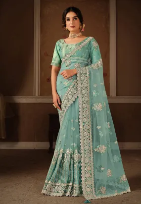 Sea Blue Embroidered Saree