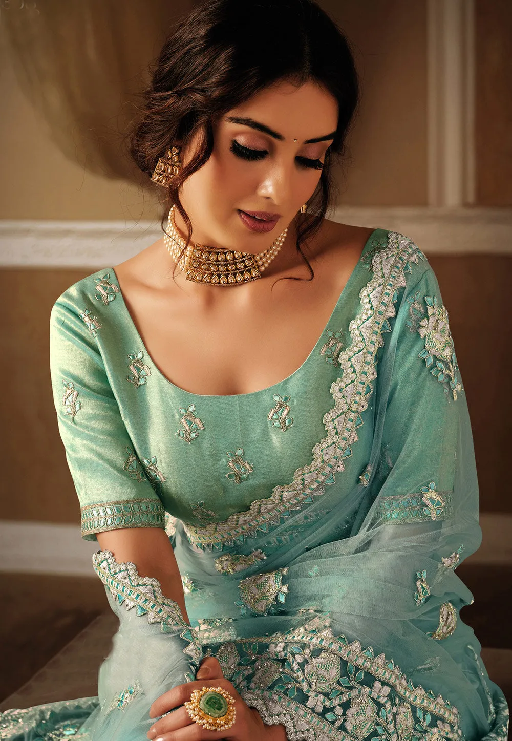 Sea Blue Embroidered Saree