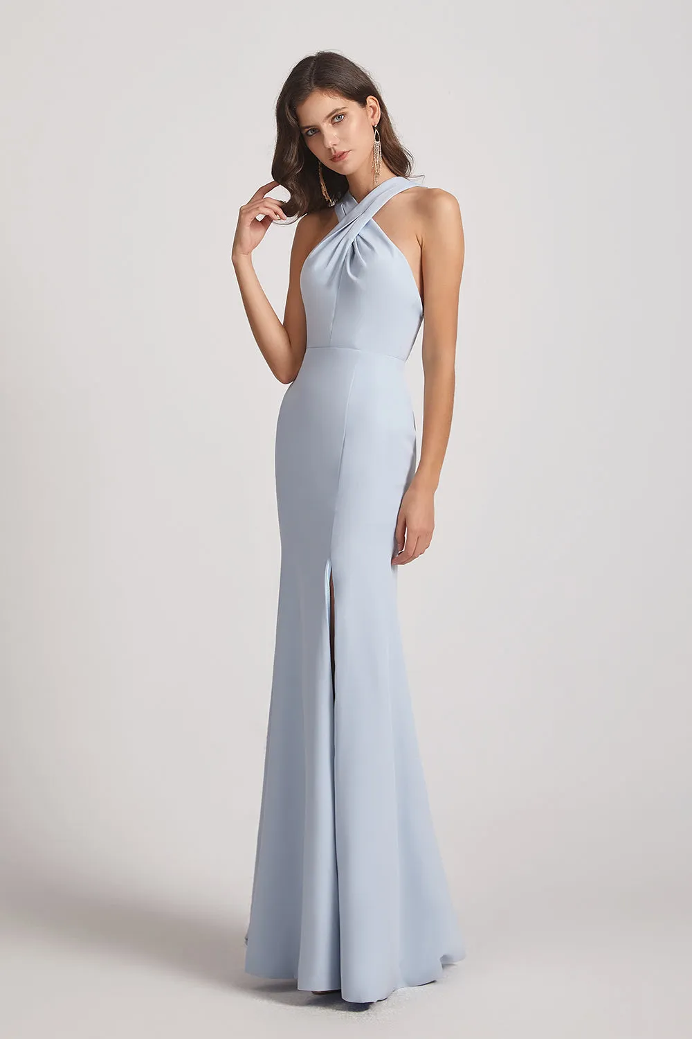 Sheath Cross Neck and Back Bridesmaid Dresses with Thigh Slit (AF0141)