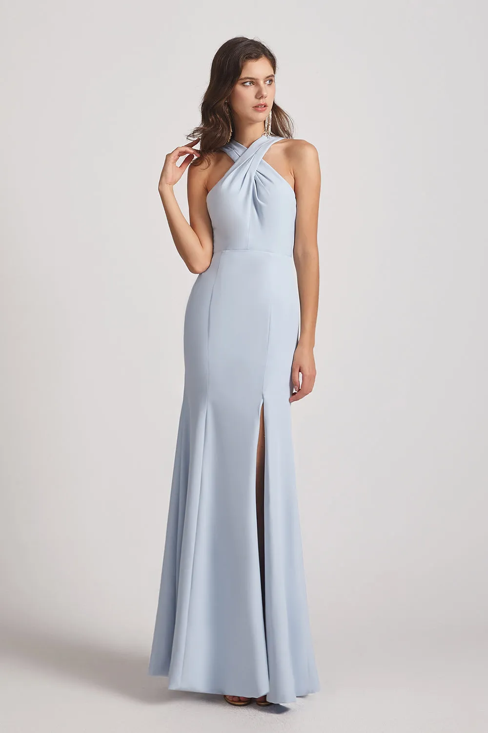 Sheath Cross Neck and Back Bridesmaid Dresses with Thigh Slit (AF0141)