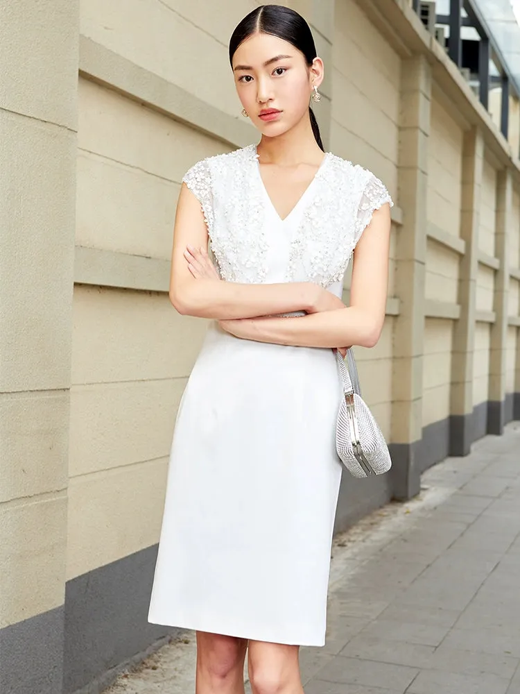 SIDUO Elegant Summer midi sleeveless V-neck slim fit mid skirt white simple dinner dress-Rosa ( V )