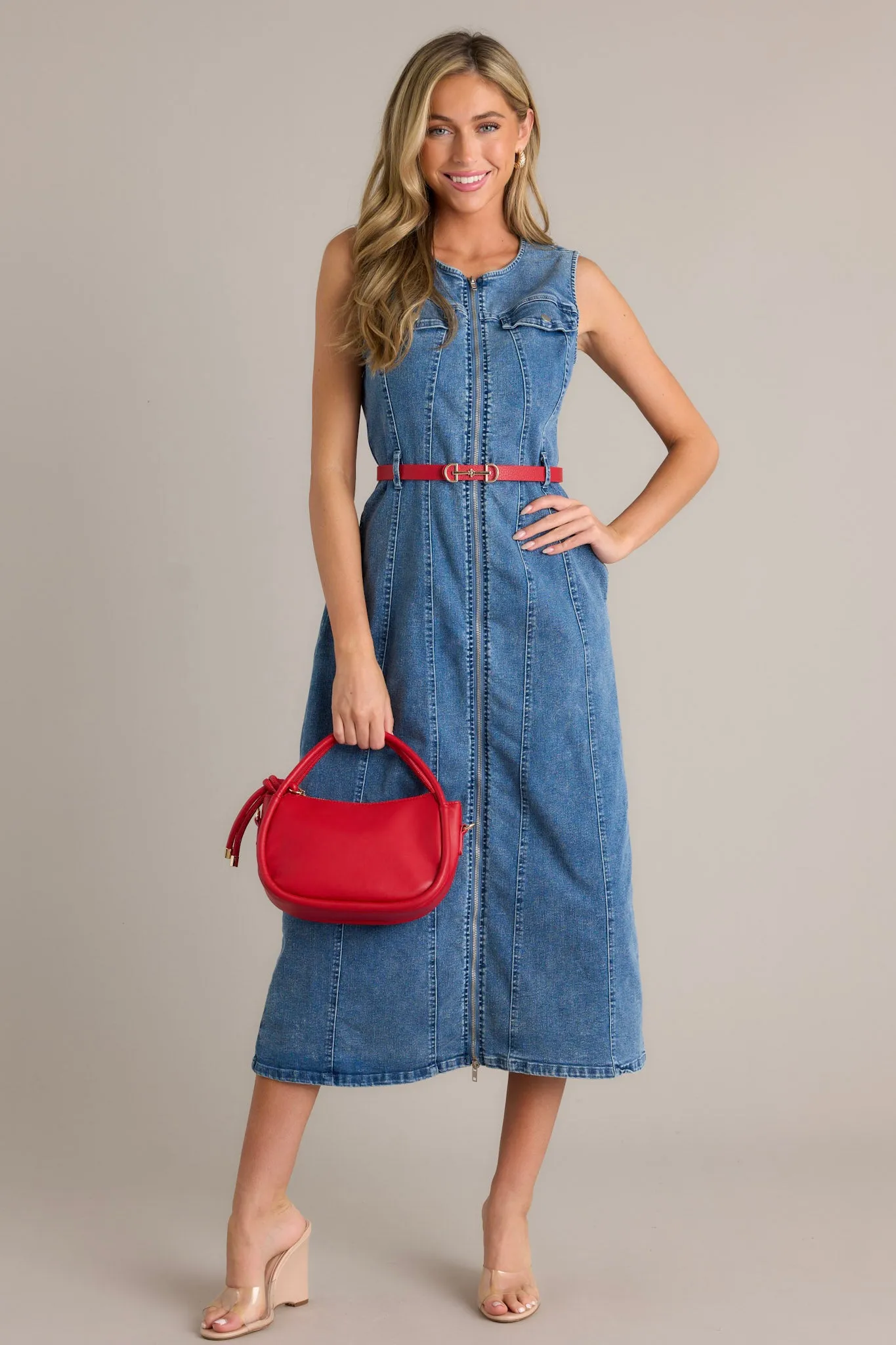 Simple Grace Denim Sleeveless Midi Dress